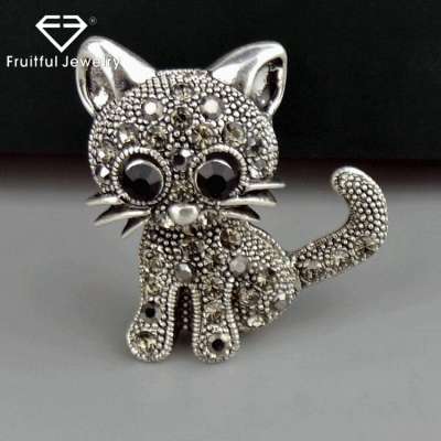 2017 Hot Sale Cute Little Cat Brooch Jewelry for Women Suit Hat Clips Antique Silver Plated Full Crystal Rhinestone Brooch